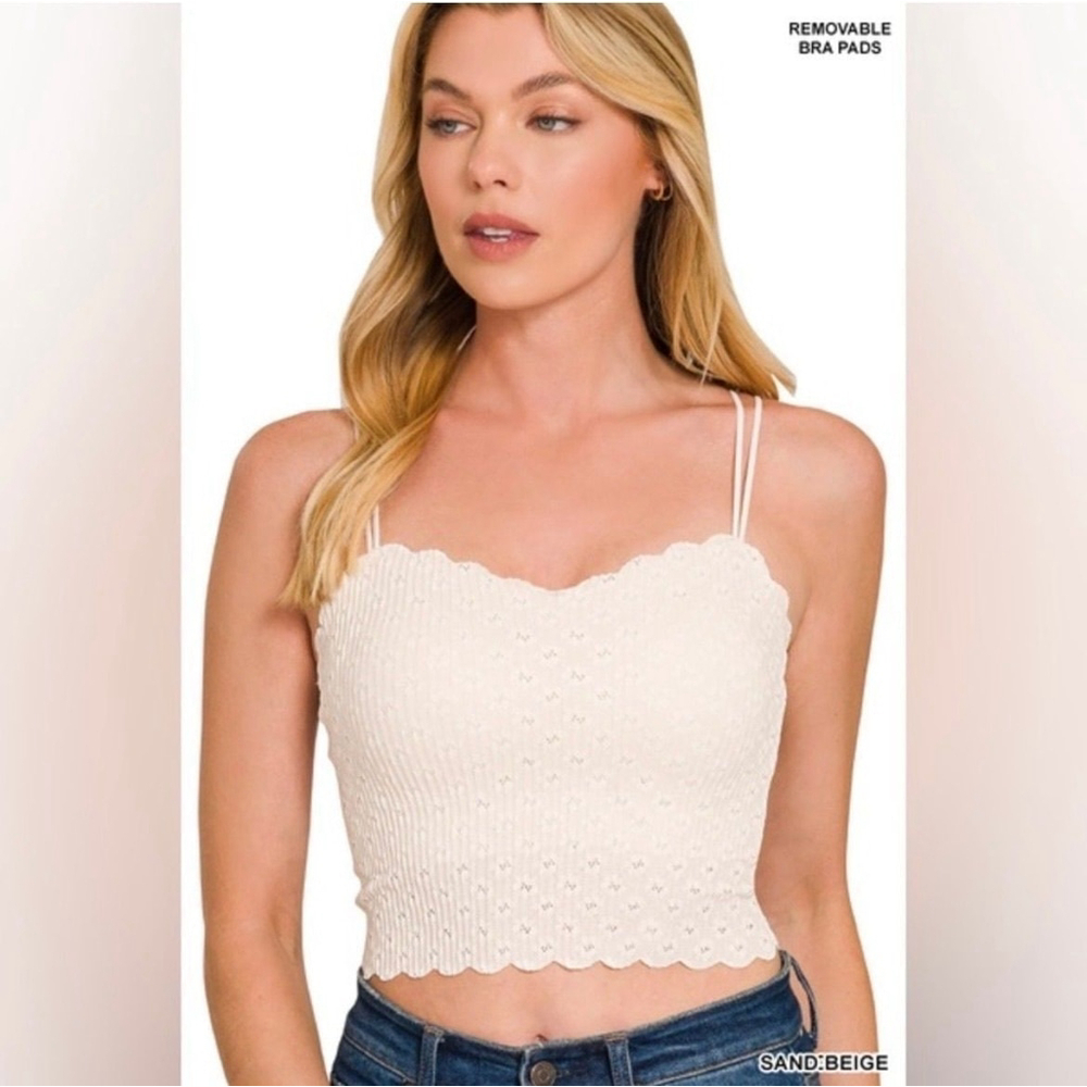 Zenana Seamless Lace Scalloped Padded Brami Crop Top Sand Beige S NEW